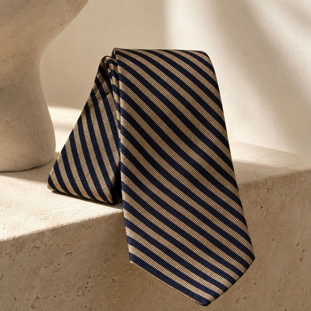 Vintage Neiman Marcus Tie Navy Gold Stripe All Silk Hand Sewn 58” Old Money
